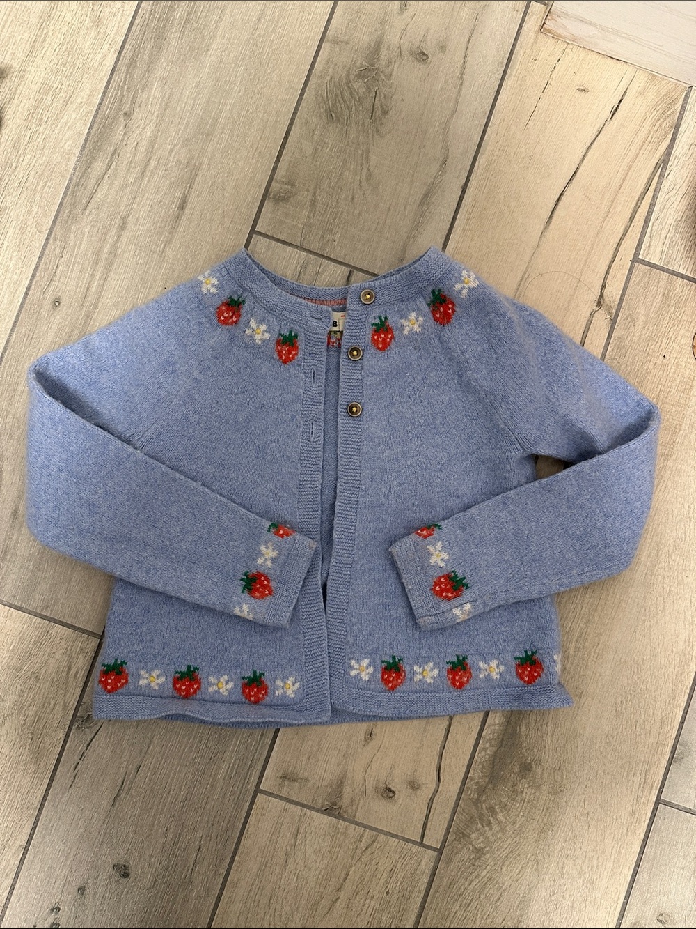 Mini Boden Light Blue wool Cardigan with Strawberry Motif